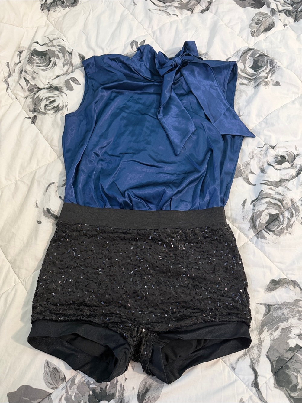 Weissman Navy and Black Satin Tie-Neck Romper